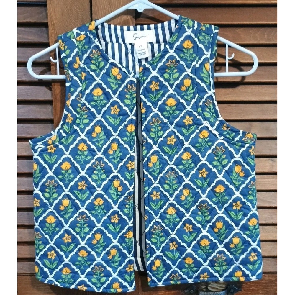 NEW Japna Womens Quilted Cotton Vest Floral Blue Yellow‎ Floral Preppy Size XS